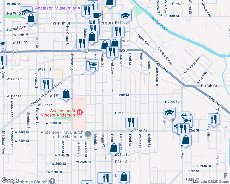 map of restaurants, bars, coffee shops, grocery stores, and more near 1809 Central Avenue in Anderson
