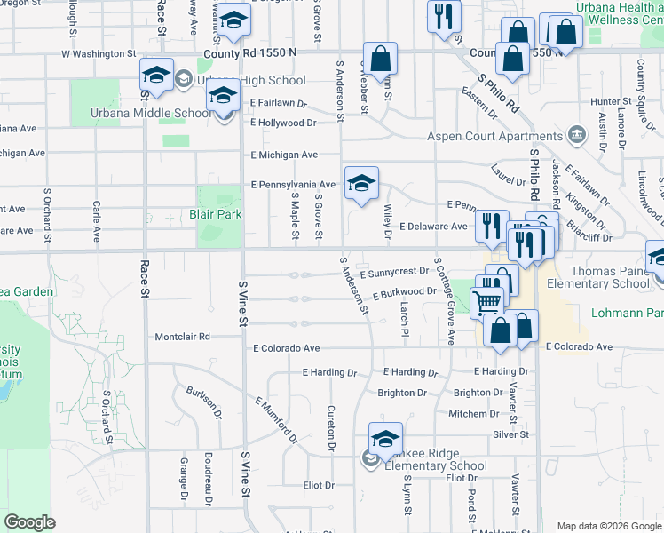 map of restaurants, bars, coffee shops, grocery stores, and more near 701 County Road 1500 North in Urbana