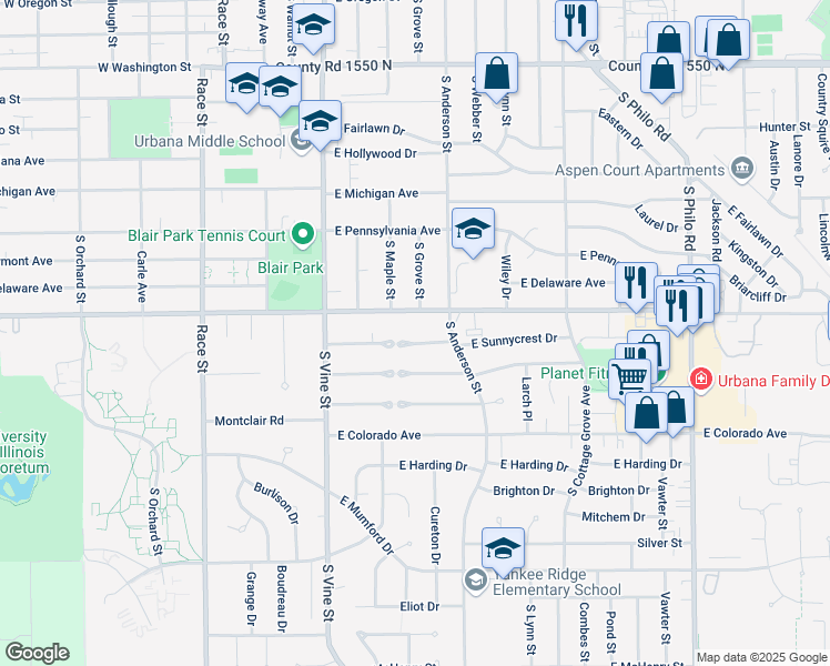 map of restaurants, bars, coffee shops, grocery stores, and more near 507 East Florida Avenue in Urbana