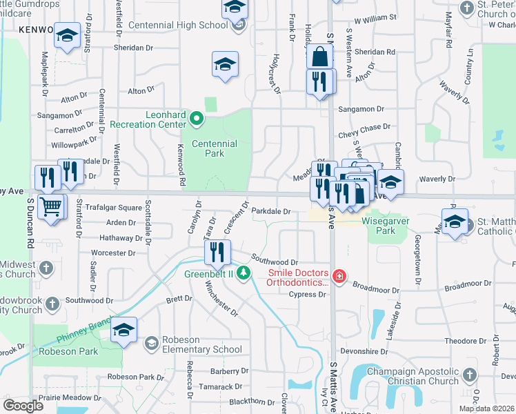 map of restaurants, bars, coffee shops, grocery stores, and more near 2009 W Kirby Ave in Champaign