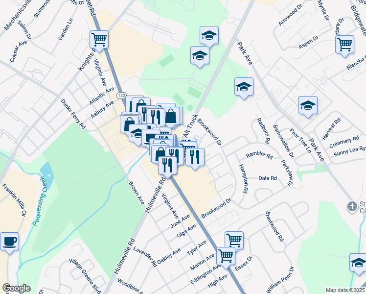 map of restaurants, bars, coffee shops, grocery stores, and more near 3139 Hulmeville Road in Bensalem