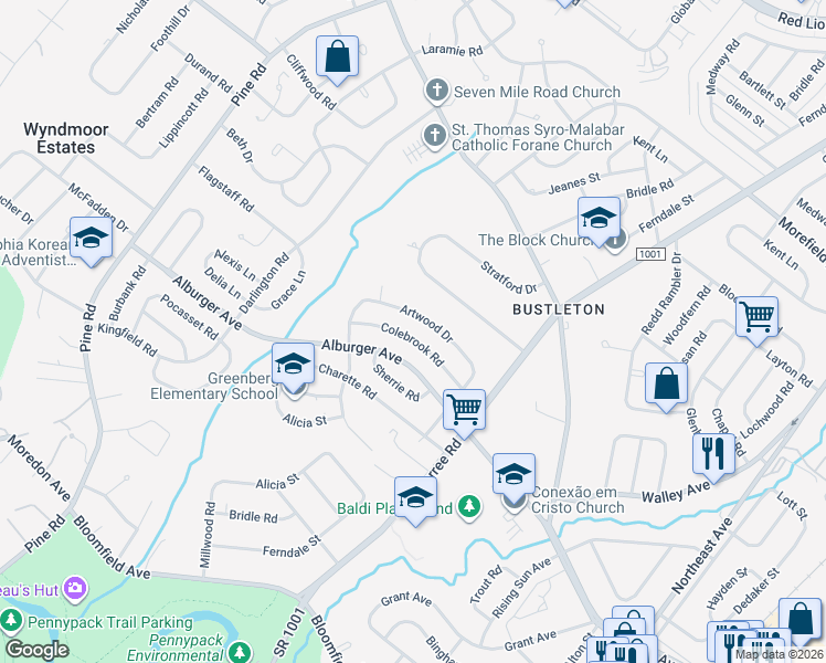 map of restaurants, bars, coffee shops, grocery stores, and more near 635 Colebrook Road in Philadelphia