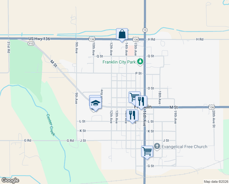 map of restaurants, bars, coffee shops, grocery stores, and more near 1201-1299 O Street in Franklin