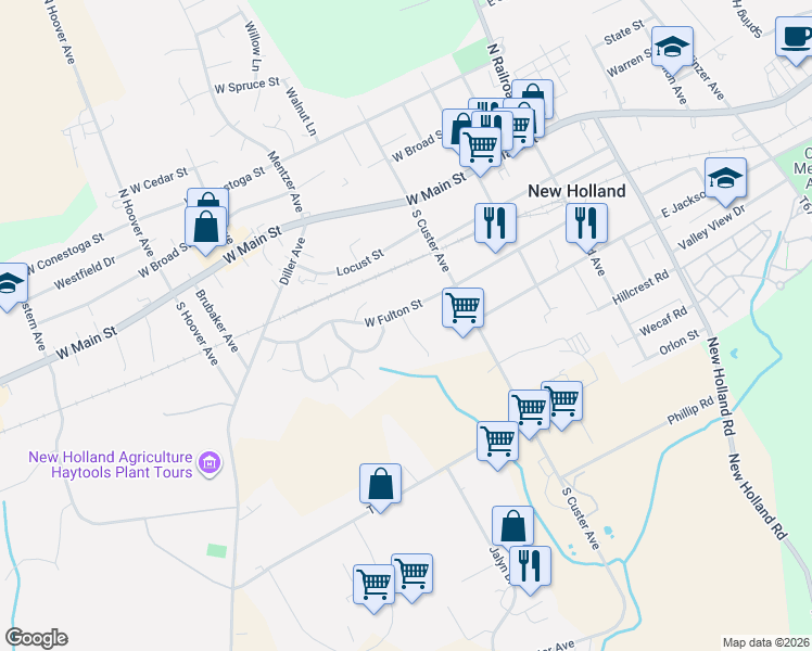 map of restaurants, bars, coffee shops, grocery stores, and more near 200 South Brookefield Lane in New Holland