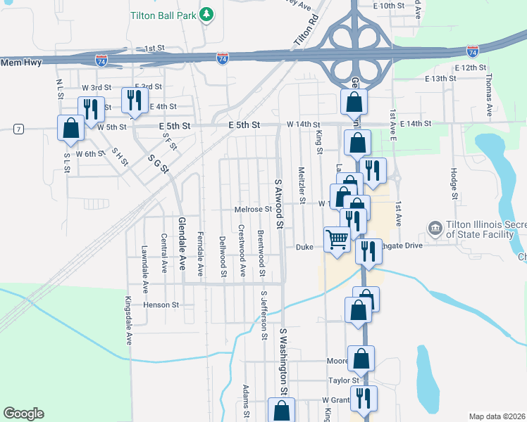 map of restaurants, bars, coffee shops, grocery stores, and more near 301-499 Brentwood St in Tilton