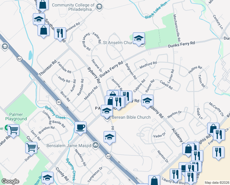 map of restaurants, bars, coffee shops, grocery stores, and more near 12401 Balston Road in Philadelphia