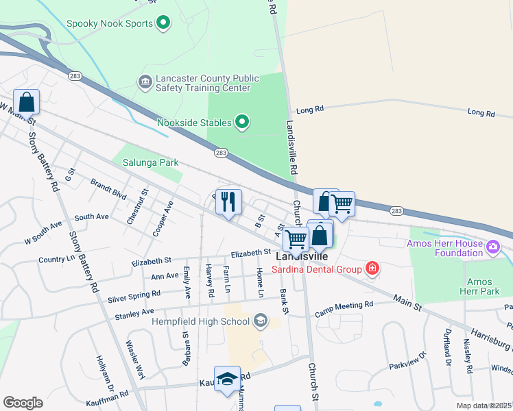 map of restaurants, bars, coffee shops, grocery stores, and more near 211 Broad Street in Salunga-Landisville