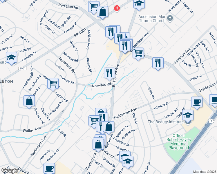 map of restaurants, bars, coffee shops, grocery stores, and more near 9892 Bustleton Avenue in Philadelphia