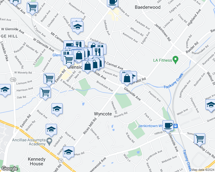map of restaurants, bars, coffee shops, grocery stores, and more near 305 Brookdale Avenue in Glenside