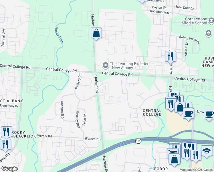 map of restaurants, bars, coffee shops, grocery stores, and more near 6510 Harlem Road in New Albany