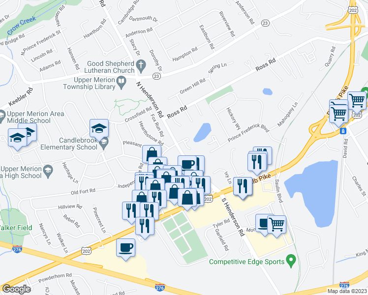 map of restaurants, bars, coffee shops, grocery stores, and more near 232 North Henderson Road in King of Prussia