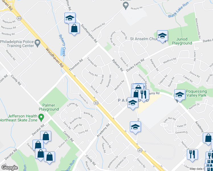 map of restaurants, bars, coffee shops, grocery stores, and more near 12148 Rambler Road in Philadelphia
