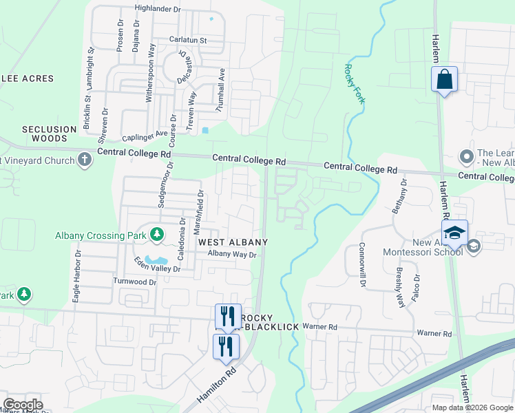 map of restaurants, bars, coffee shops, grocery stores, and more near 5756 Albany Reserve Drive in Westerville
