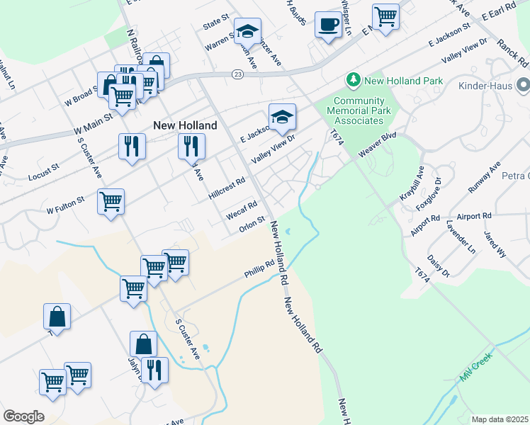 map of restaurants, bars, coffee shops, grocery stores, and more near 446 Brimmer Avenue in New Holland