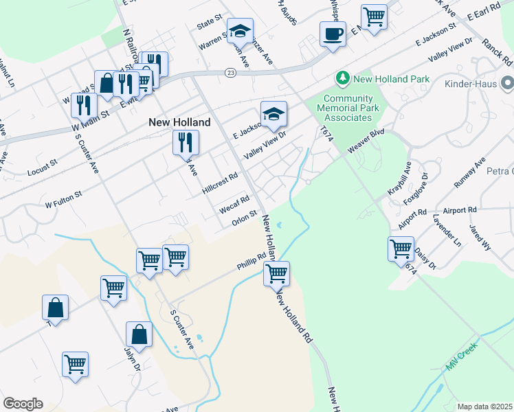 map of restaurants, bars, coffee shops, grocery stores, and more near 446 Brimmer Avenue in New Holland