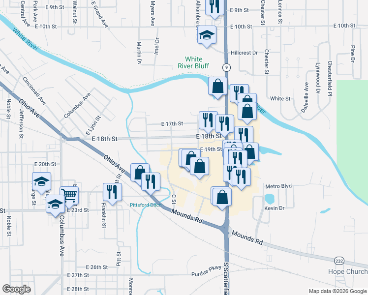 map of restaurants, bars, coffee shops, grocery stores, and more near 1716 East 19th Street in Anderson