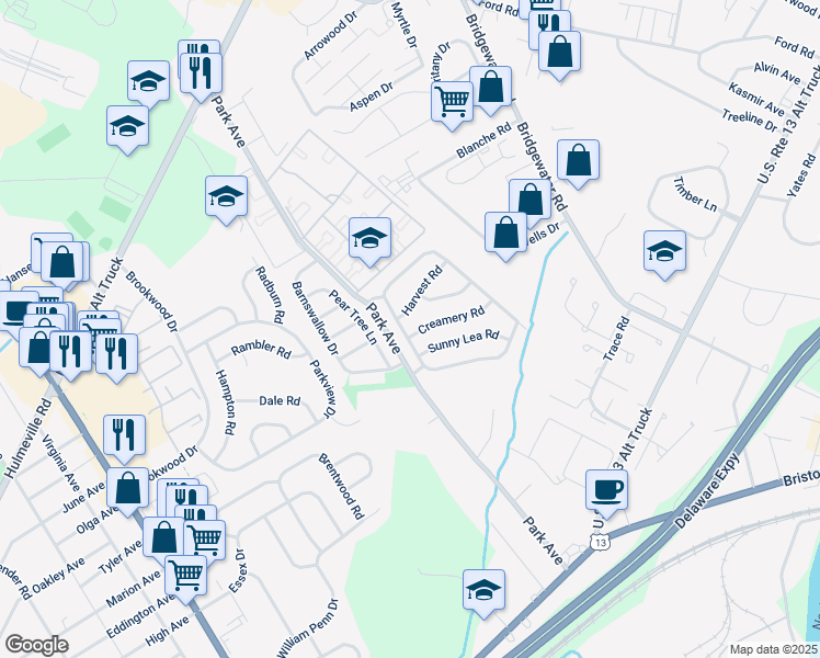 map of restaurants, bars, coffee shops, grocery stores, and more near 1512 Greenfield Drive in Bucks County