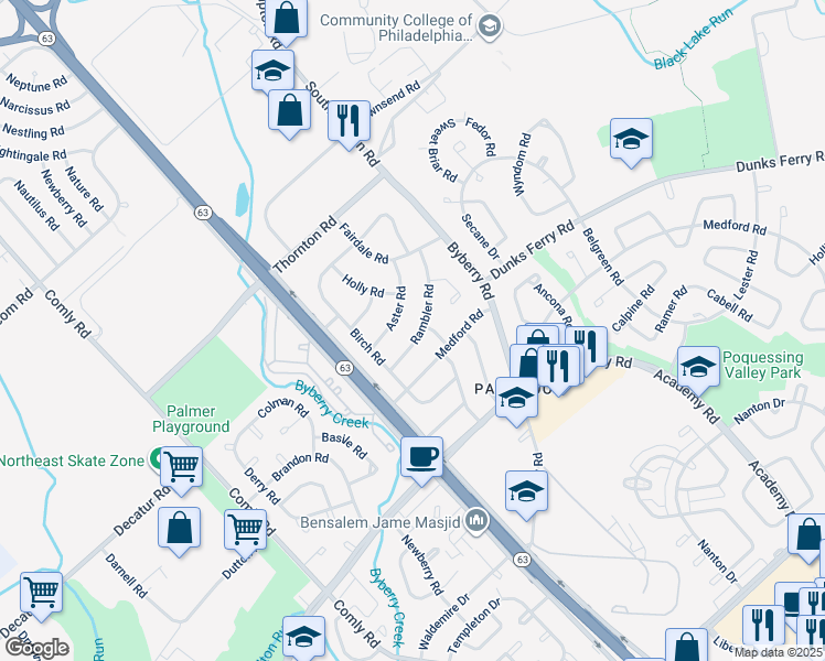 map of restaurants, bars, coffee shops, grocery stores, and more near 12148 Rambler Road in Philadelphia