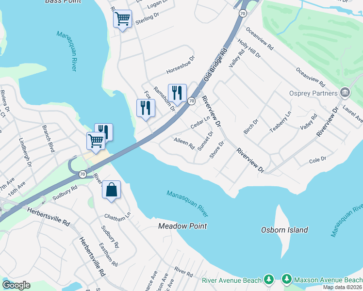map of restaurants, bars, coffee shops, grocery stores, and more near 1107 Aileen Road in Brielle