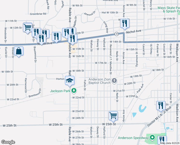 map of restaurants, bars, coffee shops, grocery stores, and more near 2139 West 18th Street in Anderson