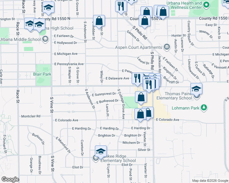 map of restaurants, bars, coffee shops, grocery stores, and more near 1702 South Cottage Grove Avenue in Urbana