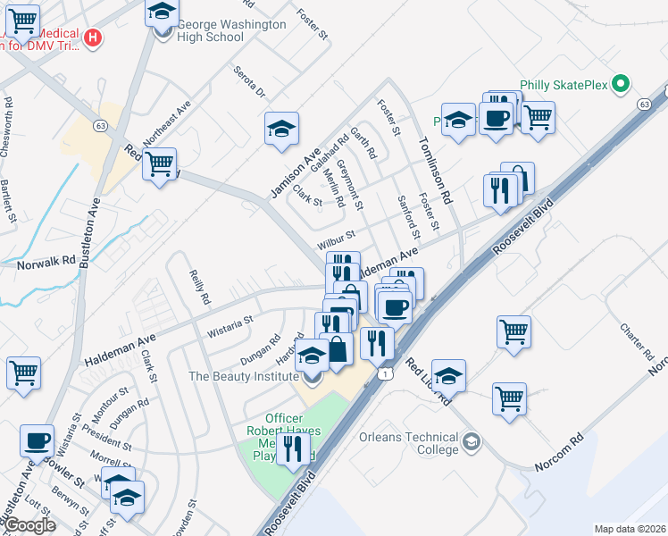 map of restaurants, bars, coffee shops, grocery stores, and more near 10109 Alexandra Lane in Philadelphia