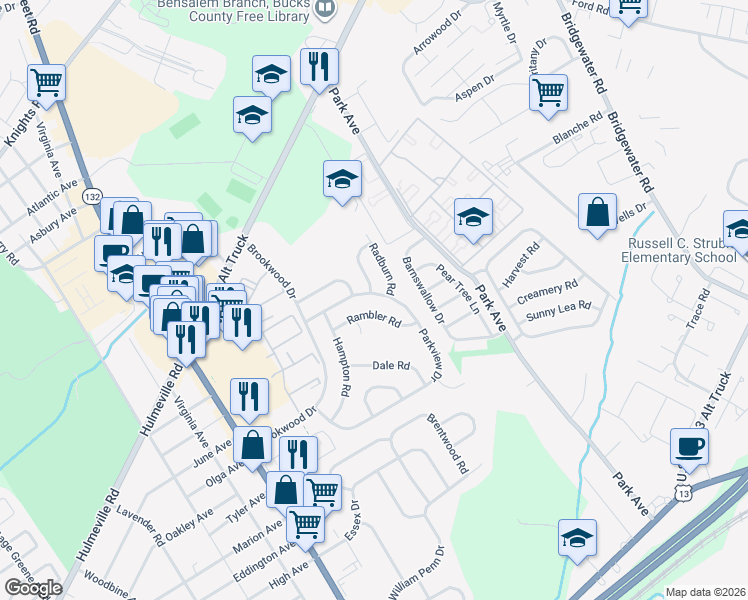 map of restaurants, bars, coffee shops, grocery stores, and more near 3305 Parkview Drive in Bensalem