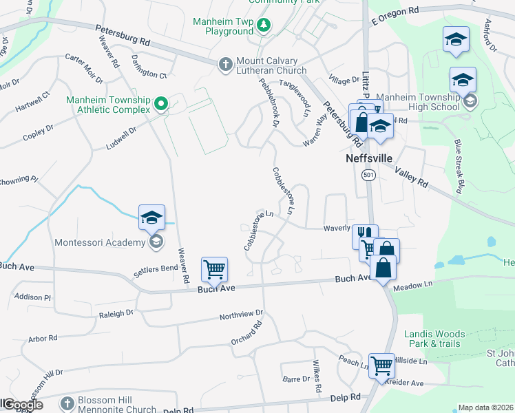 map of restaurants, bars, coffee shops, grocery stores, and more near 1018 Cobblestone Lane in Lancaster