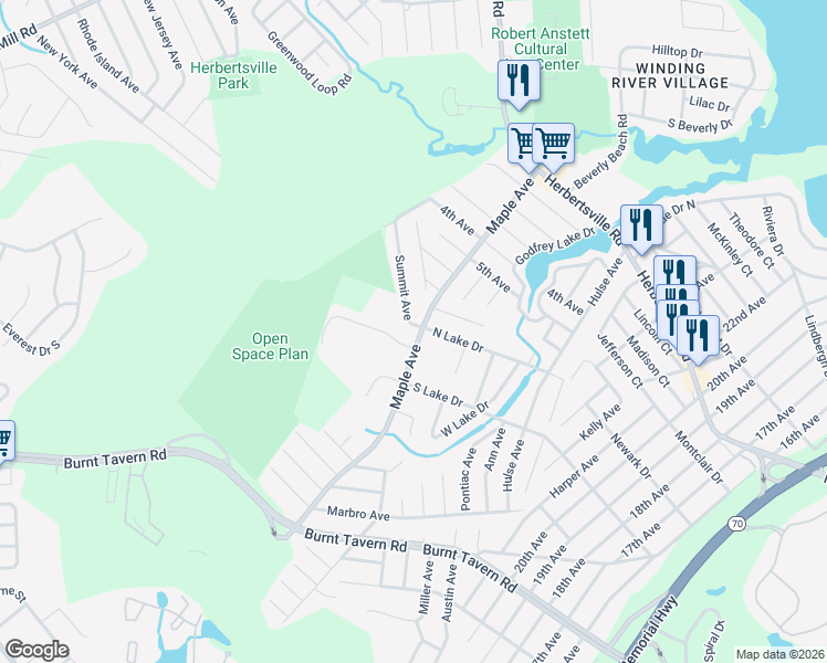 map of restaurants, bars, coffee shops, grocery stores, and more near 414 Summit Avenue in Brick Township