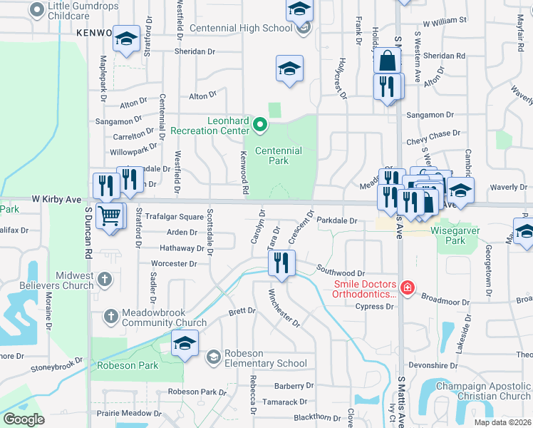 map of restaurants, bars, coffee shops, grocery stores, and more near 2205 West Kirby Avenue in Champaign