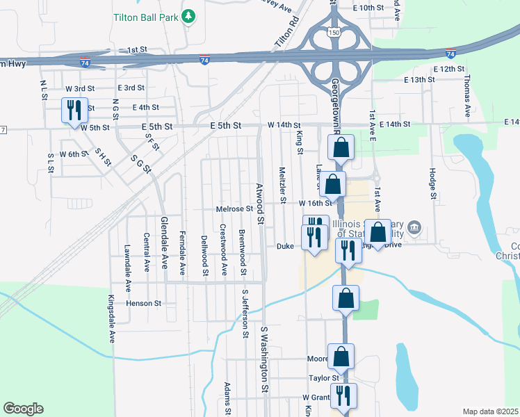 map of restaurants, bars, coffee shops, grocery stores, and more near 501 South Atwood Street in Tilton