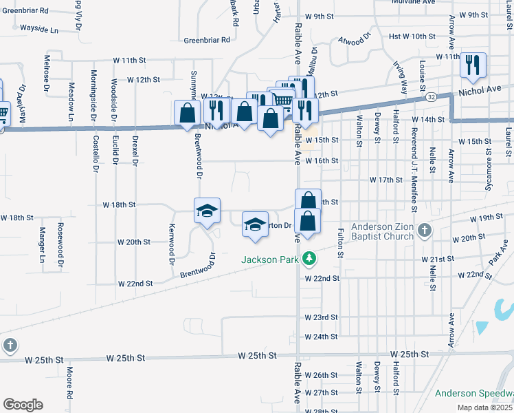 map of restaurants, bars, coffee shops, grocery stores, and more near 2622 West 18th Street in Anderson