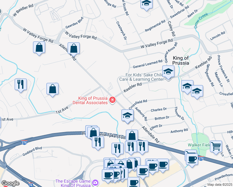 map of restaurants, bars, coffee shops, grocery stores, and more near 631 Keebler Road in King of Prussia