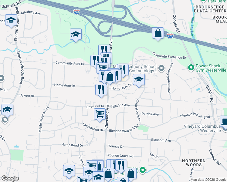map of restaurants, bars, coffee shops, grocery stores, and more near 2513 Oakstone Drive in Columbus