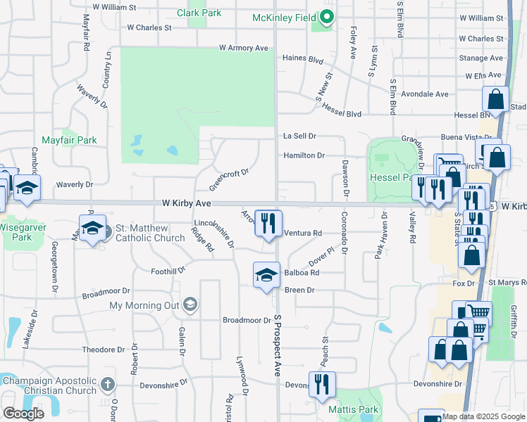 map of restaurants, bars, coffee shops, grocery stores, and more near 905 West Kirby Avenue in Champaign