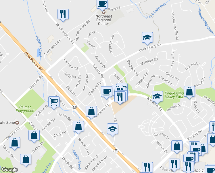 map of restaurants, bars, coffee shops, grocery stores, and more near 3247 Byberry Road in Philadelphia
