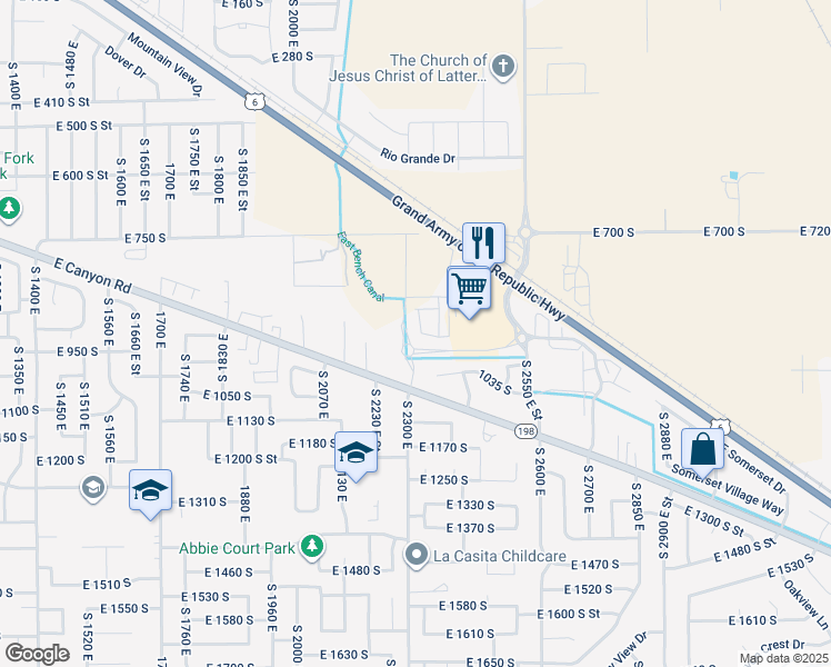map of restaurants, bars, coffee shops, grocery stores, and more near 2285 East Canyon Road in Spanish Fork