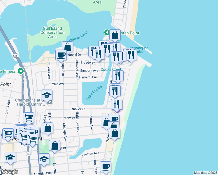 map of restaurants, bars, coffee shops, grocery stores, and more near in Point Pleasant Beach