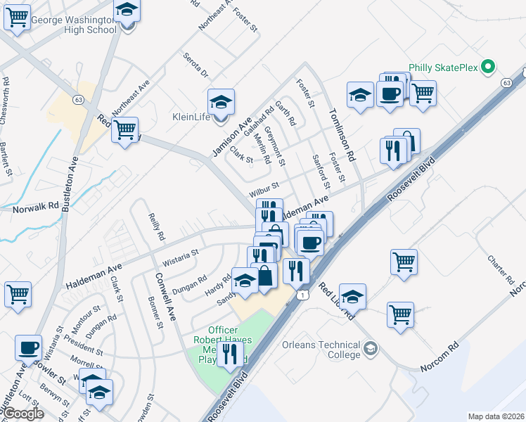 map of restaurants, bars, coffee shops, grocery stores, and more near 10109 Alexandra Lane in Philadelphia