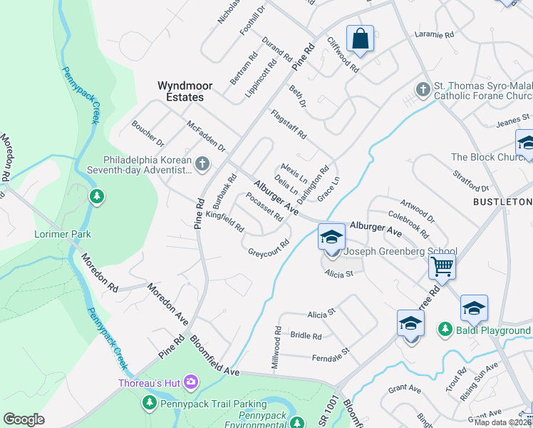 map of restaurants, bars, coffee shops, grocery stores, and more near 120 Pocasset Road in Philadelphia
