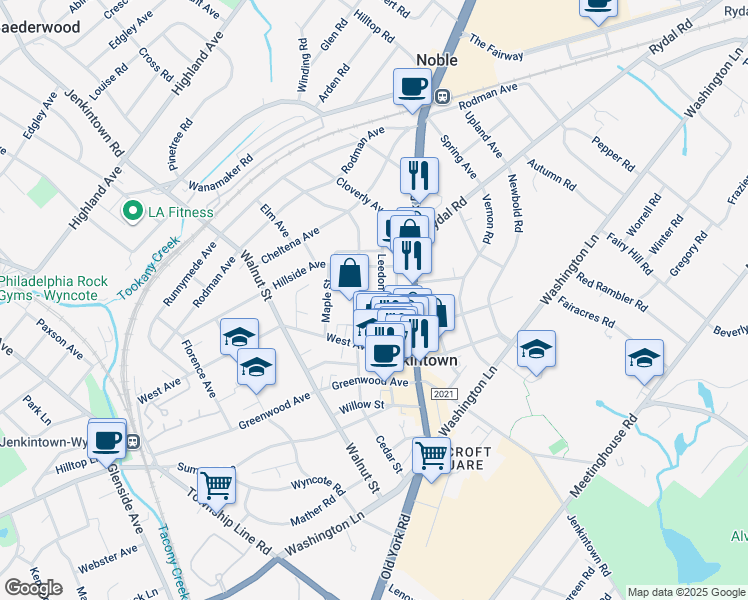 map of restaurants, bars, coffee shops, grocery stores, and more near 457 Leedom Street in Jenkintown