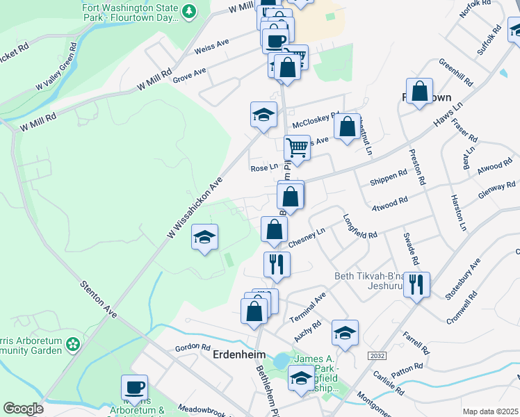 map of restaurants, bars, coffee shops, grocery stores, and more near 100 West Wissahickon Avenue in Flourtown
