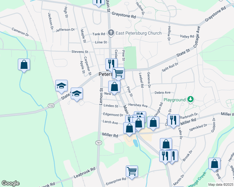 map of restaurants, bars, coffee shops, grocery stores, and more near 5917 Main Street in East Petersburg
