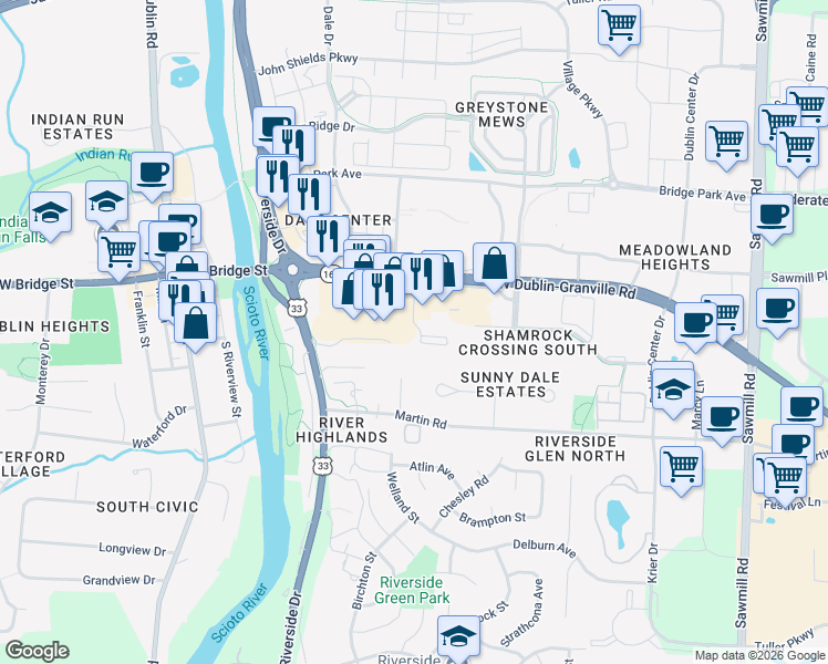 map of restaurants, bars, coffee shops, grocery stores, and more near 85 Blakeford Drive in Dublin