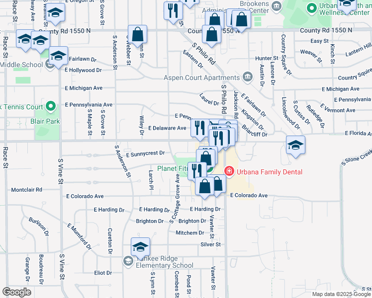 map of restaurants, bars, coffee shops, grocery stores, and more near 1205 East Florida Avenue in Urbana