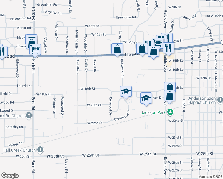 map of restaurants, bars, coffee shops, grocery stores, and more near 2816 West 18th Street in Anderson
