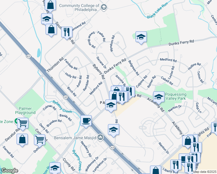 map of restaurants, bars, coffee shops, grocery stores, and more near 3247 Byberry Road in Philadelphia