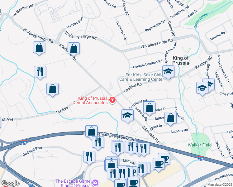 map of restaurants, bars, coffee shops, grocery stores, and more near 631 Keebler Road in King of Prussia