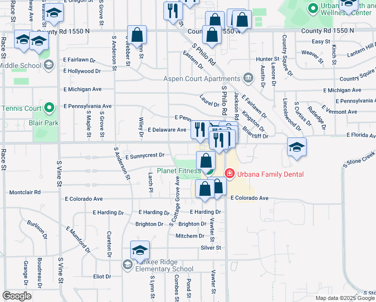 map of restaurants, bars, coffee shops, grocery stores, and more near 1205 East Florida Avenue in Urbana