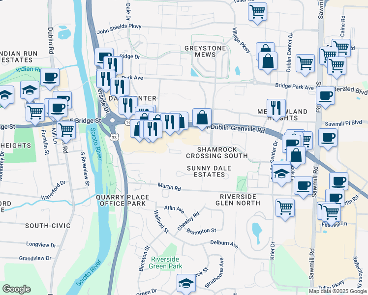 map of restaurants, bars, coffee shops, grocery stores, and more near 146 Blakeford Drive in Dublin